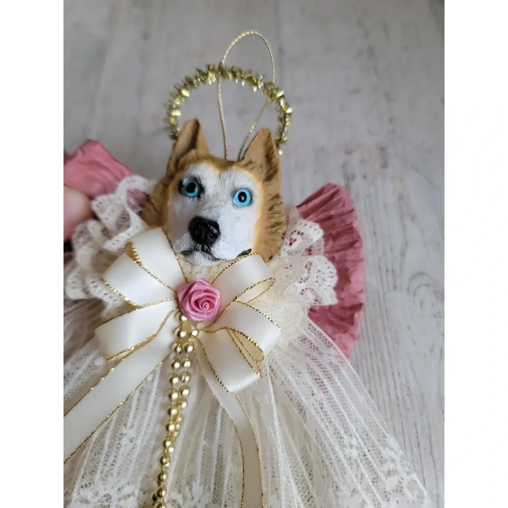 vintage husky dog puppy angel religious ornament lace Xmas home